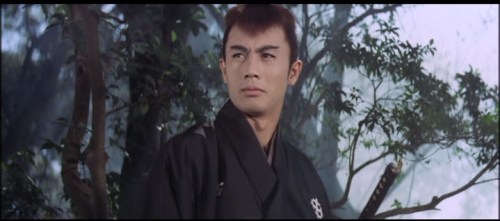 Raizo Ichikawa as the red-haired Samurai Kyoshiro Nemuri, the Son of the Black Mass.