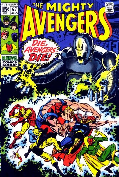 An August 1969 Avengers cover featuring one of the team's earliest battles with Ultron.