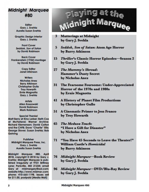 Midnight Marquee #80 table of contents