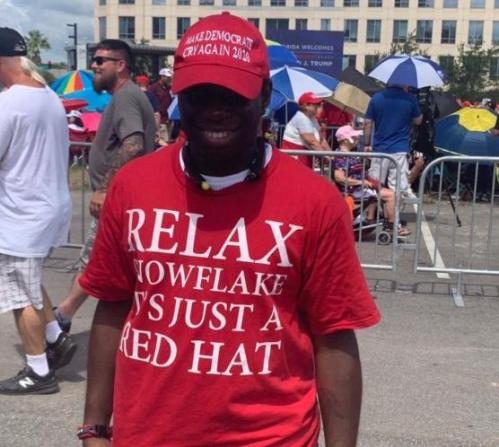black guy in Trump t-shirt and hat