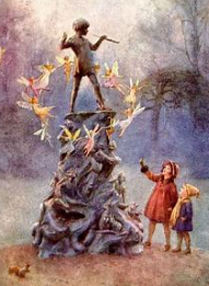 peter pan playing pipes in kensington gardens for fairies and children